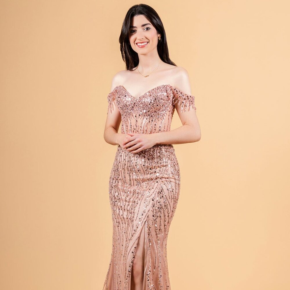 New Elegant Off Shoulder Tulle Dress w/ Beads Embroidery & Sheer Bodice GL3620